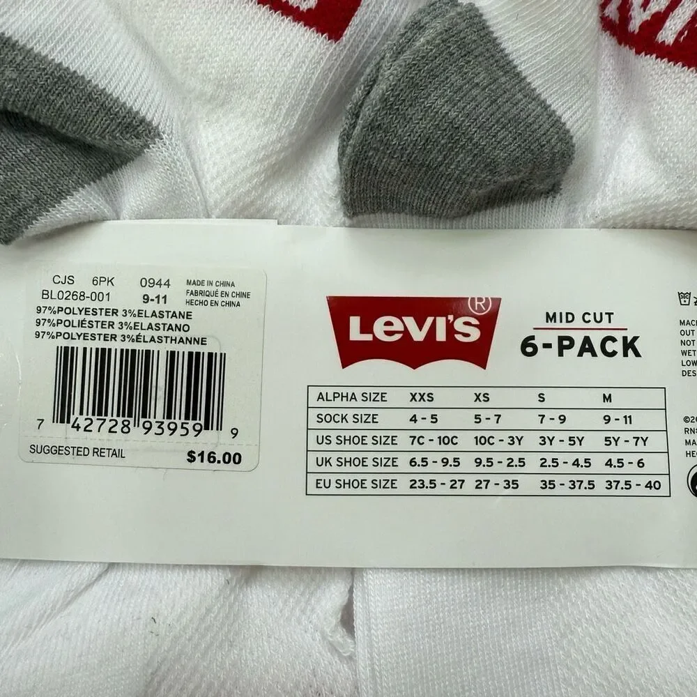 Levi's Kids boys 16 pairs Socks size M shoe size 5-7Y NWT